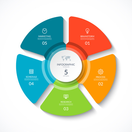 Vector infographic circle. Cycle diagram with 5 options. Round chart that can be used for report, business presentation, data visualization.のイラスト素材