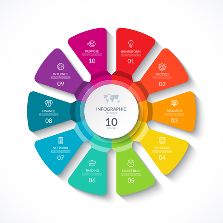 Vector infographic circle. Cycle diagram with 10 options. Round chart that can be used for report, business presentation, data visualization.のイラスト素材