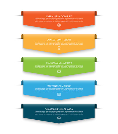 Infographic banner with 5 colorful arrows, labels, tags. Origami style. Can be used for diagram, numbers options, chart, report, web designのイラスト素材