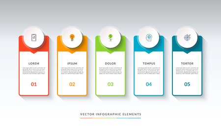 Infographic banner with 5 circles and tabs. Can be used as a diagram, graph, chart. Vector template for business infographics with place for text and iconsのイラスト素材