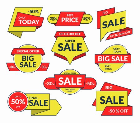 Sale badges, promo labels, special offer tags, discount banners, best price sale stickers set. Vector illustrationのイラスト素材