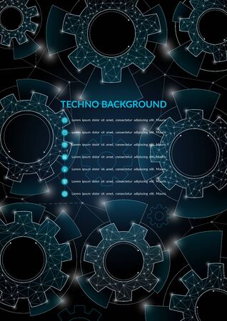Abstract vector techno background with rotating gear wheels. Engineering, machinery, technology concept. A4 size. Can be used for brochure, cover, web banner, poster.のイラスト素材