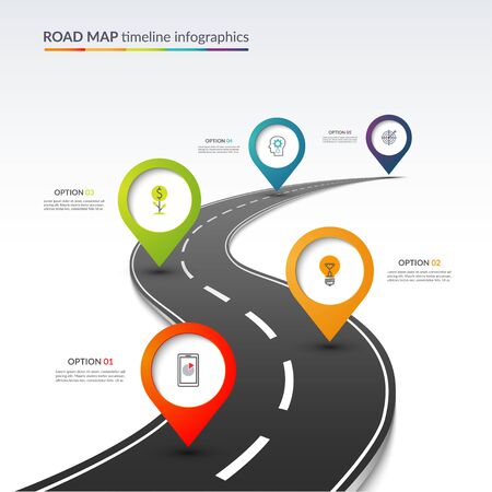 Road map timeline infographic template with 5 colorful pin pointers on the way. Vector illustrationのイラスト素材