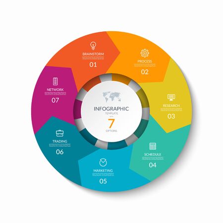Infographic process chart. Design template with 7 circular arrows. Cycle diagram that can be used for report, business infographics, data visualization and presentation.のイラスト素材