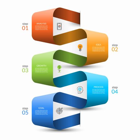 Vector infographic ribbon template with 5 steps, options. Can be used as timeline, diagram, flow chart, graph, for business presentation, report, web designのイラスト素材