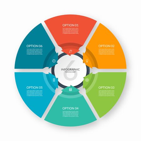 Infographic process chart. Circular design template with 6 arrows pointing to the center.のイラスト素材