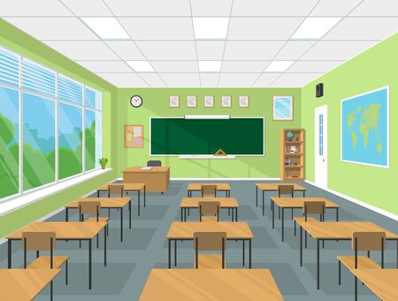 School or college classroom interior with chalkboard, teacher's table, desks, school supplies. Flat design vector illustrationのイラスト素材