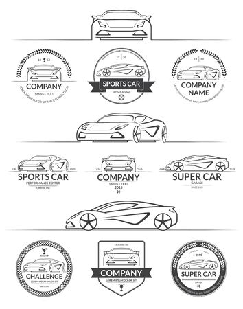 Set of sports car silhouettes with auto service logos, labels, emblems, design elements. Vector illustrationのイラスト素材