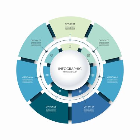 Infographic circular chart divided into 7 parts. Step-by step cycle diagram with seven options designed for report, presentation, data visualization.のイラスト素材