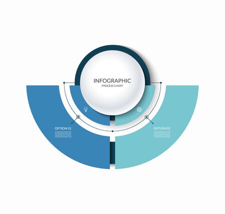 Infographic semi circular chart divided into 2 parts. Step-by step diagram with two options.のイラスト素材
