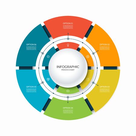 Infographic circular chart divided into 6 parts. Step-by step cycle diagram with six options.のイラスト素材