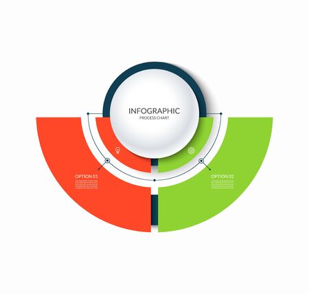 Infographic semi circular chart divided into 2 parts. Step-by step diagram with two options.のイラスト素材