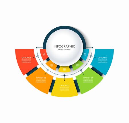 Infographic semi circular chart divided into 5 parts. Step-by step diagram with five options.のイラスト素材