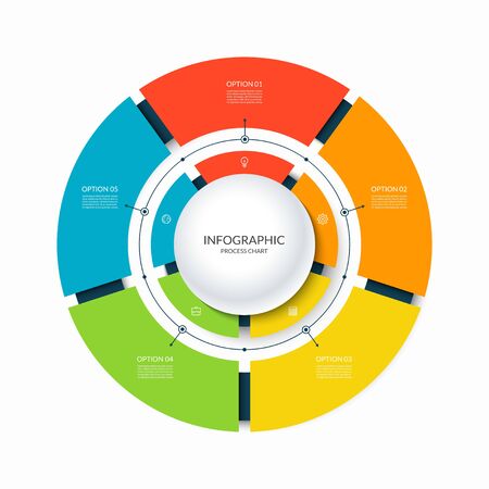 Infographic circular chart divided into 5 parts. Step-by step cycle diagram with five options.のイラスト素材