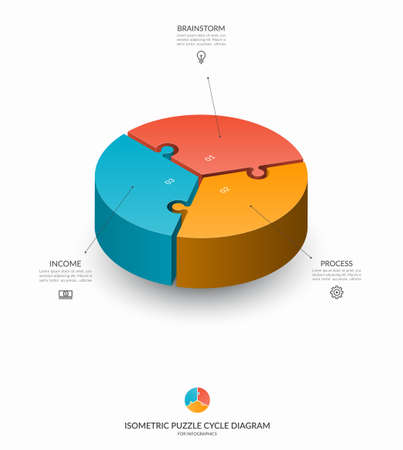 Infographic isometric puzzle circular template. Cycle diagram with 3 steps, pieces, parts. 3d process chart that can be used for report, business analytics, data visualization and presentation.のイラスト素材