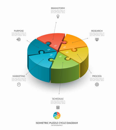 Infographic isometric puzzle circular template. Cycle diagram with 6 steps, pieces, parts. 3d process chart that can be used for report, business analytics, data visualization and presentation.のイラスト素材