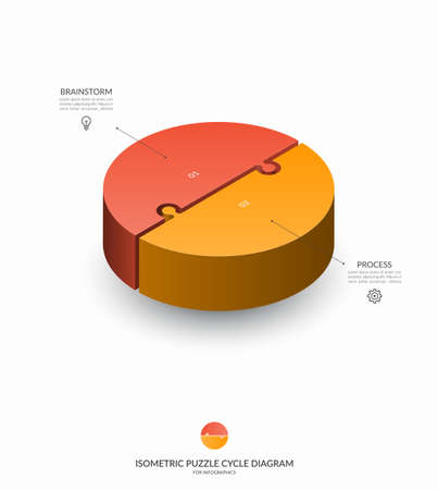 Infographic isometric puzzle circular template. Cycle diagram with 2 steps, pieces, parts. 3d process chart that can be used for report, business analytics, data visualization and presentation.のイラスト素材