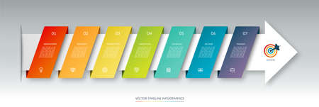 Infographic arrow timeline template with 7 steps. Can be used for web design, diagram, chart, business presentation.のイラスト素材