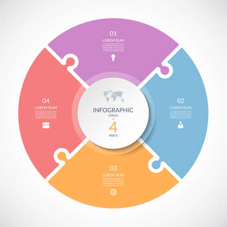 Vector infographic puzzle circular template. Cycle diagram with 4 parts, options. Can be used for chart, graph, report, presentation, web design.のイラスト素材