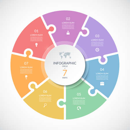 Vector infographic puzzle circular template. Cycle diagram with 7 parts, options. Can be used for chart, graph, report, presentation, web design.のイラスト素材