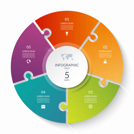 Puzzle infographic circle with 5 steps, options, pieces. Five-part cycle chart. Can be used for diagram, graph, report, presentation, web design.の写真素材