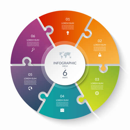 Puzzle infographic circle with 6 steps, options, pieces. Six-part cycle chart. Can be used for diagram, graph, report, presentation, web design.の写真素材