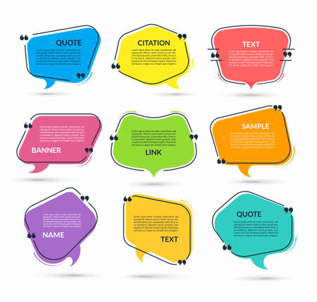 Quote speech bubble, text in quotes, citation frame, message banner, label, sticker isolated on white background. Vector illustration.のイラスト素材