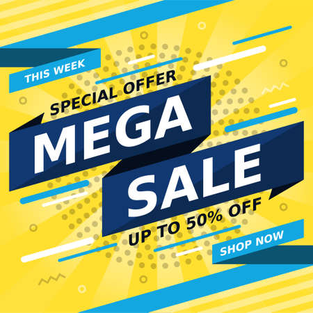 Mega Sale banner. Special offer template. Up to 50 percent off design. Shopping concept. Vector backgroundのイラスト素材