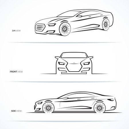 Set of car silhouettes, outlines, contours. Front, three quarter and side view of luxury sedan. Abstract hand-drawn modern vehicle isolated on white backgroundのイラスト素材
