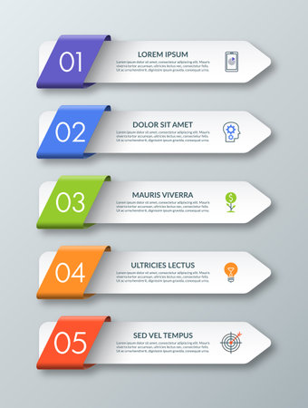 Arrow infographic template with 5 steps, options, parts, elements. Origami style. Vector banner. Can be used for workflow layout, brochure, diagram, chart, web design.のイラスト素材