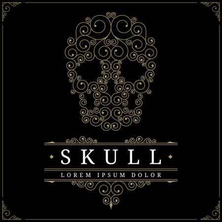 Skull luxury logo template with flourishes elegant calligraphic ornamental design elements. Vector illustrationのイラスト素材