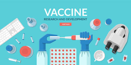 Covid-19 vaccine research and development concept. Scientists hands taking a sample from a bottle with coronavirus vaccine. View at the medical laboratory desktop. Flat design vector illustration.のイラスト素材