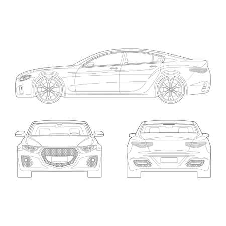 Car in outlines. Front, side, rear view. Set of modern vehicle blueprints isolated on white backgroundのイラスト素材
