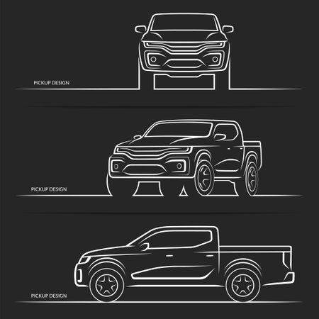 Vector car silhouettes. Front, side and perspective view of off-road suv pickup truckのイラスト素材
