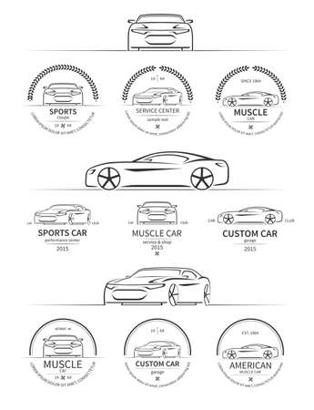 Set of vector sports car labels, badges, emblems and design elements in vintage style isolated on white backgroundのイラスト素材