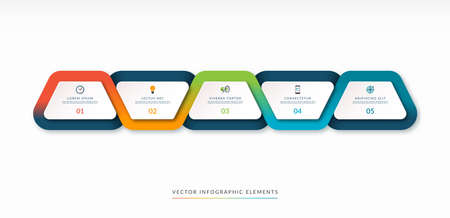 infographic timeline in the form of five trapezoidal design elements surrounded with a multicolor flowing ribbon. Can be used for brochure, presentation, report, chart, graph, web design.の写真素材
