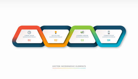 infographic timeline in the form of four trapezoidal design elements surrounded with a multicolor flowing ribbon. Can be used for brochure, presentation, report, chart, graph, web design.の写真素材