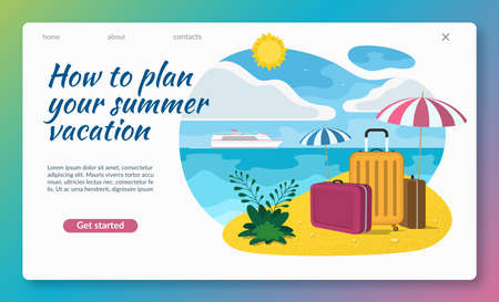 Summer vacation illustration. Tropical landscape with sea, sky, sun, sandy beach, umbrellas, tourist luggage, ship on the horizon. Travel concept for web, landing page, banner, poster. Flat design.のイラスト素材