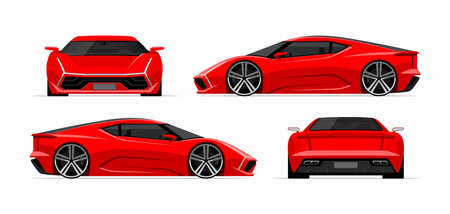 Sports car set in flat style. Front, back, side view of the supercar isolated on white backgroundのイラスト素材