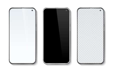 Realistic smartphone isolated on white background. Mobile phone with white, black and transparent screen. Vector illustrationのイラスト素材