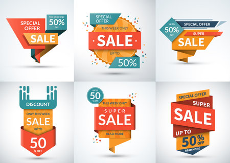 Big set of sale banners. Special offer templates. Discount labels. Up to 50 percent off vector badges. Half-price colorful stickers.のイラスト素材