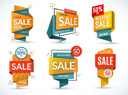 Set of sale banners. Special offer templates. Discount labels. Up to 50 percent off vector badges. Half price colorful stickers.のイラスト素材
