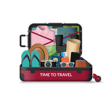 Opened travel suitcase. Summer vacation concept. Vector illustration isolated on white backgroundのイラスト素材