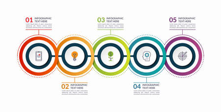 Infographic timeline template with 5 steps, options, circular elements. Can be used as a chart, diagram, graph for business infographics, presentation, annual report, brochure, web design.のイラスト素材