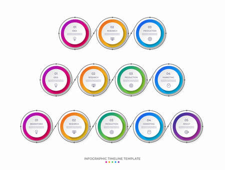 Set of timeline infographic templates in thin line flat style. Vector banners with 3, 4, 5 steps. Can be used for web design, diagram, chart, graph, business presentation.のイラスト素材