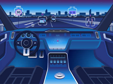 Autonomous driverless car interior with digital dashboard, HUD display and intelligent autopilot...