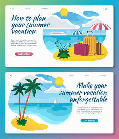 Set of summer vacation concept illustrations. Tropical landscape with sea, sky, sun, sandy beach, palm trees, umbrellas, tourist luggage, ship, sailboat on the horizon. Flat design.のイラスト素材