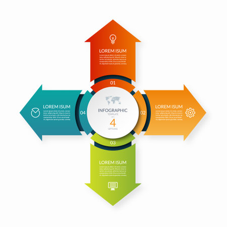 Modern business infographic circle with 4 arrows pointing from the center .4-step vector template for infographicsのイラスト素材