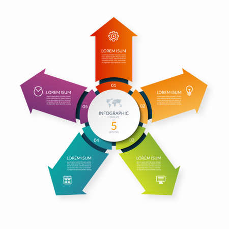 Modern business infographic circle with 5 arrows pointing from the center. 5-step vector template for infographicsのイラスト素材