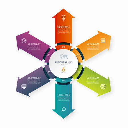 Modern business infographic circle with 6 arrows pointing from the center. 6-step vector template for infographicsのイラスト素材